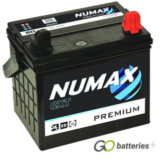 Numax 895CXT Lawnmower Battery 12V 32Ah 300 cold cranking amps, Black case with bolt through terminals and the positive terminal on the right hand side with the terminals closest to you. Also has carrying handle.