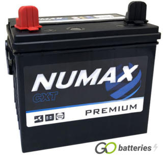 Numax 896CXT Lawnmower Battery 12V 32Ah 300 cold cranking amps, Black case with bolt through terminals and the positive terminal on the left hand side with the terminals closest to you. Also has carrying handle.