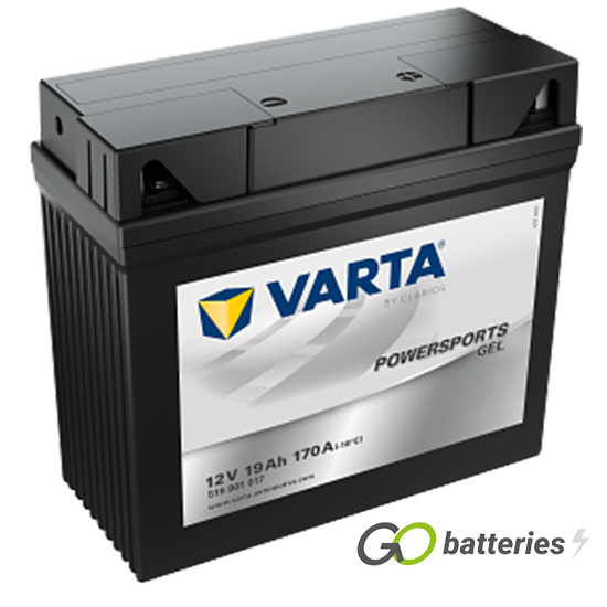 Varta 519 901 017 Powersport Gel Motorcycle Battery. 12 volt 19Ah, 170 cold cranking amps. Black case with the positive terminal on the right hand side with the terminals closest to you. 51913.