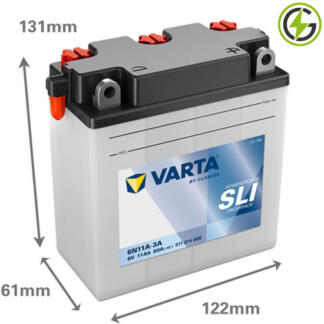 Varta 6N11A-3A Powersport SLI Freshpack Motorcycle Battery (011014008). 6 volt 11 amps, 80 cold cranking amps, opaque case with black top, the terminals are bolt through and have a nut and bolt, the positive terminal is on the right hand side with the terminals closest to you. The breather is on the left hand side.