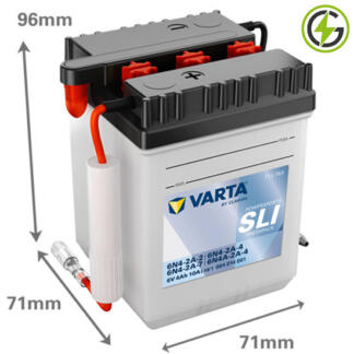 Varta 6N4-2A-4 Powersport SLI Freshpack Motorcycle Battery (004014001). 12 volt 4 amps, 10 cold cranking amps, opaque case with black top, the terminals have a wire connection with inline fuse. The breather is on the left hand side.