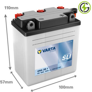 Varta 6N6-3B-1 Powersport SLI Freshpack Motorcycle Battery (006012003). 12 volt 6 amps, 30 cold cranking amps, opaque case with black top, the terminals are bolt through and have a nut and bolt, the positive terminal is on the right hand side with the terminals closest to you. The breather is also on the right hand side.