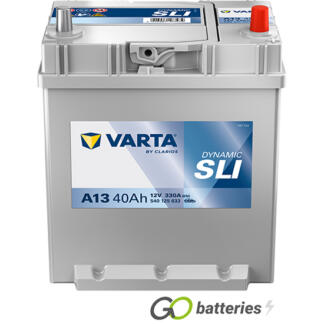 Varta A13 Dynamic SLI Battery 12V 40Ah 330 cold cranking amps, Silver case with the positive terminal on the right hand side with the terminals closest to you. Also has carrying handle. UK 054H