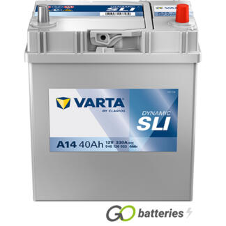 Varta A14 Dynamic SLI Battery 12V 40Ah 330 cold cranking amps, Silver case with the positive terminal on the right hand side with the terminals closest to you. Also has carrying handle. UK 054