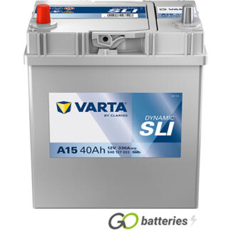 Varta A15 Dynamic SLI Battery 12V 40Ah 330 cold cranking amps, Silver case with the positive terminal on the left hand side with the terminals closest to you. Also has carrying handle. UK 055