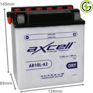 Axcell AB10L-A2 Motorcycle Battery 12V 11.6Ah 130 cold cranking amps opaque case with black lid and the positive terminal is on the right hand side with the terminals closest to you.