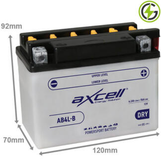 Axcell AB4L-B Motorcycle Battery 12V 4.2Ah 56 cold cranking amps. Opaque case with black lid and the positive terminal is on the right hand side with the terminals closest to you.