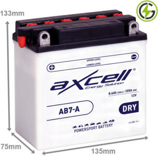 Axcell AB7-A Motorcycle Battery 12V 8.4Ah 105 cold cranking amps opaque case with black lid and the positive terminal is on the left hand side with the terminals closest to you.