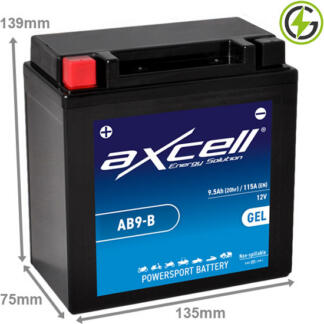 Axcell AB9-B GEL Battery. 12 volt 9.5Ah 115 cold cranking amps. Black case with the positive terminal on the left hand side with the terminals closest to you.
