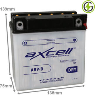 Axcell AB9-B Motorcycle Battery 12V 9.5Ah 130 cold cranking amps opaque case with black lid and the positive terminal is on the left hand side with the terminals closest to you.