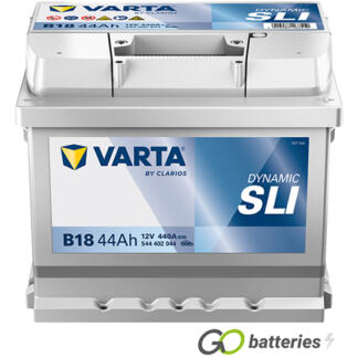 Varta B18 Dynamic Battery 12V 44Ah 440 cold cranking amps, Silver case with the positive terminal on the right hand side with the terminals closest to you. Also has carrying handle. UK 063