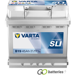 Varta B19 Dynamic SLI Battery 12V 45Ah 400 cold cranking amps, Silver case with the positive terminal on the right hand side with the terminals closest to you. Also has carrying handle. UK 012