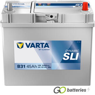 Varta B31 Dynamic SLI Battery 12V 45Ah 330 cold cranking amps, Silver case with the positive terminal on the right hand side with the terminals closest to you. Also has carrying handle. UK 154