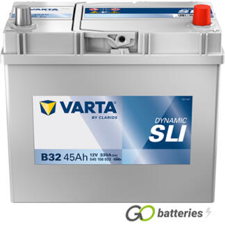 Varta B32 Dynamic SLI Battery 12V 45Ah 330 cold cranking amps, Silver case with the positive terminal on the right hand side with the terminals closest to you. Also has carrying handle. UK 053