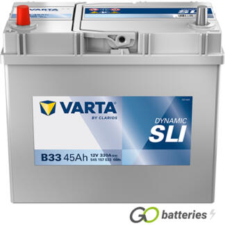Varta B33 Dynamic SLI Battery 12V 45Ah 330 cold cranking amps, Silver case with the positive terminal on the left hand side with the terminals closest to you. Also has carrying handle. UK 155