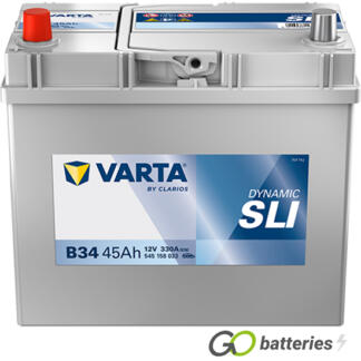 Varta B34 Dynamic SLI Battery 12V 45Ah 330 cold cranking amps, Silver case with the positive terminal on the left hand side with the terminals closest to you. Also has carrying handle. UK 057