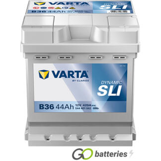 Varta B36 Dynamic SLI Battery 12V 44Ah 420 cold cranking amps, Silver case with the positive terminal on the right hand side with the terminals closest to you. Also has carrying handle. UK 002L