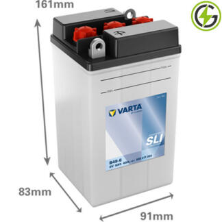 Varta B49-6 Powersport SLI Freshpack Motorcycle Battery (008011004). 6 volt 8 amps, 40 cold cranking amps, opaque case with black top, the terminals are bolt through and have a nut and bolt, the terminals are diagonally positioned.