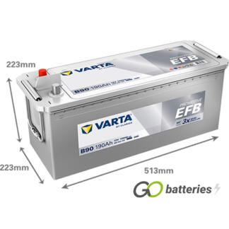 Varta B90 Promotive EFB Battery. 12 volt 190 amps, 1050 cold cranking amps. Silver case and top with carrying handles, terminals are located at one end with the positive terminal on the left hand side with them facing you. UK part number 629EFB.