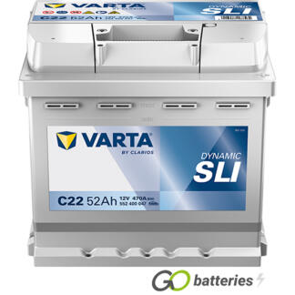 Varta C22 Dynamic SLI Battery 12V 52Ah 470 cold cranking amps, Silver case with the positive terminal on the right hand side with the terminals closest to you. Also has carrying handle. UK 012