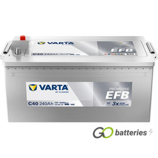 Varta C40 Promotive EFB Battery 12V 240Ah 1200 cold cranking amps Silver case with terminals at one end and carrying handles at each end. 625EFB