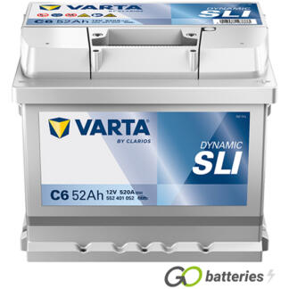 Varta C6 Dynamic SLI Battery 552 401 052. 12 volt 52 amp 520 cold cranking amps, silver case with carrying handle and positive terminal on the right hand side with terminals closest to you. Also known as UK 063.