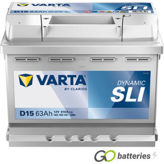 Varta D15 Dynamic SLI Battery 12V 63Ah 610 cold cranking amps, Silver case with the positive terminal on the right hand side with the terminals closest to you. Also has carrying handle. UK 027