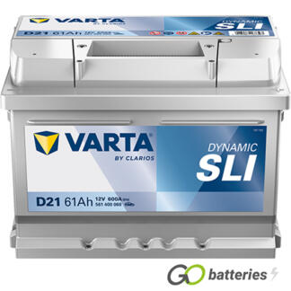 Varta D21 Dynamic SLI Battery 12V 61Ah 600 cold cranking amps, Silver case with the positive terminal on the right hand side with the terminals closest to you. Also has carrying handle. UK 075