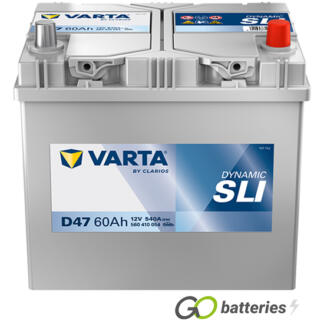 Varta D47 Dynamic SLI Battery 12V 60Ah 540 cold cranking amps, Silver case with the positive terminal on the right hand side with the terminals closest to you. Also has carrying handle. UK 005L