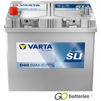 Varta D48 Dynamic SLI Battery 12V 60Ah 540 cold cranking amps, Silver case with the positive terminal on the left hand side with the terminals closest to you. Also has carrying handle. UK 005R