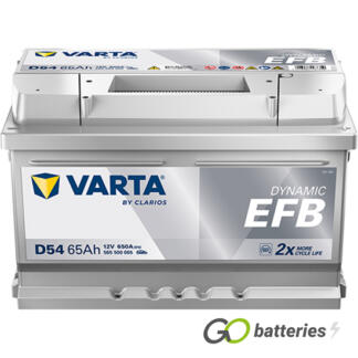 Varta D54 Dynamic EFB Start-Stop Battery 12V 65Ah 650 cold cranking amps, Silver case with the positive terminal on the right hand side with the terminals closest to you. Also has carrying handle. UK 100EFB