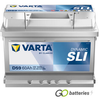 Varta D59 Dynamic SLI Battery 12V 60Ah 540 cold cranking amps, Silver case with the positive terminal on the right hand side with the terminals closest to you. Also has carrying handle. UK 075