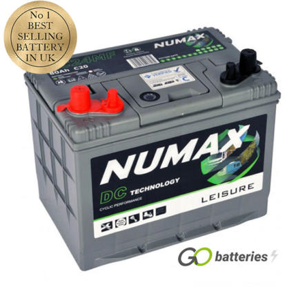 Numax DC24MF Sealed Leisure Battery. 12 volt 80 amp hour. Silver Grey case with dual terminals and the positive terminal is on the left hand side with the terminals closest to you. Also has carrying handle.