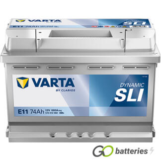 Varta E11 Dynamic SLI Battery 12V 74Ah 680 cold cranking amps, Silver case with the positive terminal on the right hand side with the terminals closest to you. Also has carrying handle. UK 096