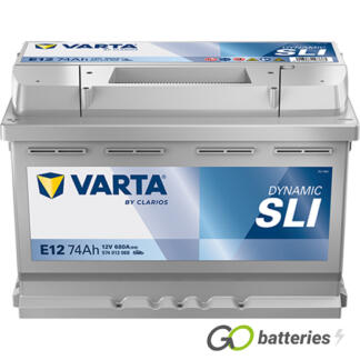 Varta E12 Dynamic SLI Battery 12V 74Ah 680 cold cranking amps, Silver case with the positive terminal on the left hand side with the terminals closest to you. Also has carrying handle. UK 096R
