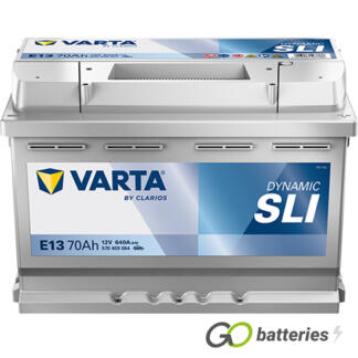 Varta E13 Dynamic SLI Battery 12V 70Ah 640 cold cranking amps, Silver case with the positive terminal on the right hand side with the terminals closest to you. Also has carrying handle. UK 096