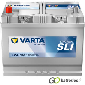 Varta E24 Dynamic SLI Battery 12V 70Ah 630 cold cranking amps, Silver case with the positive terminal on the left hand side with the terminals closest to you. Also has carrying handle. UK 069