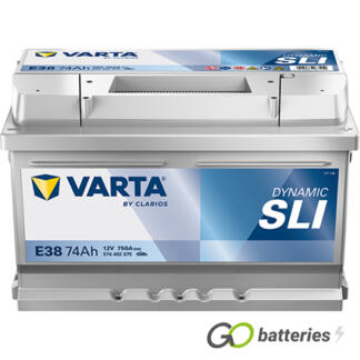 Varta E38 Dynamic SLI Battery 12V 74Ah 750 cold cranking amps, Silver case with the positive terminal on the right hand side with the terminals closest to you. Also has carrying handle. UK 100