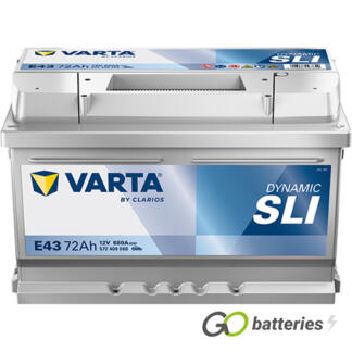 Varta E43 Dynamic SLI Battery 12V 72Ah 680 cold cranking amps, Silver case with the positive terminal on the right hand side with the terminals closest to you. Also has carrying handle. UK 100
