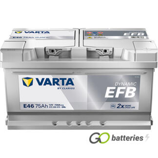 Varta E46 Dynamic EFB Start-Stop Battery 12V 75Ah 730 cold cranking amps, Silver case the positive terminal on the right hand side with the terminals closest to you. Also has carrying handle. UK 110EFB