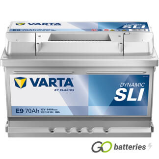 Varta E9 Dynamic SLI Battery 12V 70Ah 640 cold cranking amps, Silver case with the positive terminal on the right hand side with the terminals closest to you. Also has carrying handle. UK 100