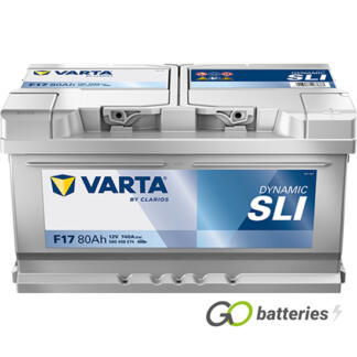 Varta F17 Dynamic SLI Battery 12V 80Ah 740 cold cranking amps, Silver case with the positive terminal on the right hand side with the terminals closest to you. Also has carrying handle. UK 110
