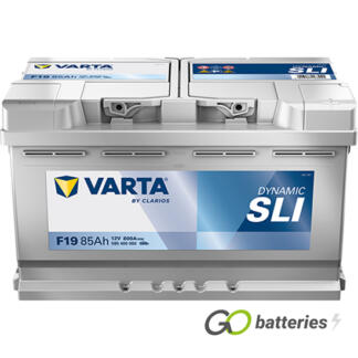 Varta F19 Dynamic SLI Battery 12V 85Ah 800 cold cranking amps, Silver case with the positive terminal on the right hand side with the terminals closest to you. Also has carrying handle. UK 115