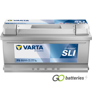 Varta F5 Dynamic SLI Battery 12V 88Ah 740 cold cranking amps, Silver case with the positive terminal on the right hand side with the terminals closest to you. Also has carrying handle. UK 017 Low Box