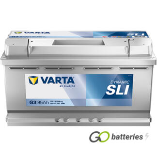 Varta G3 Dynamic SLI Battery. 12 volt 95Ah 800 cold cranking amps, Silver case with the positive terminal on the right hand side with the terminals closest to you. Also has a carrying handle. UK 019