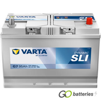 Varta G7 Dynamic SLI Battery 12V 95Ah 830 cold cranking amps, Silver case with the positive terminal on the right hand side with the terminals closest to you. Also has carrying handle. UK 249H and 335.