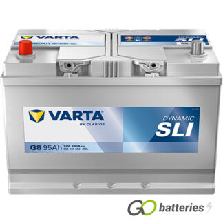 Varta G8 Dynamic SLI Battery 12V 95Ah 830 cold cranking amps, Silver case with the positive terminal on the left hand side with the terminals closest to you. Also has carrying handle. UK 250H and 334