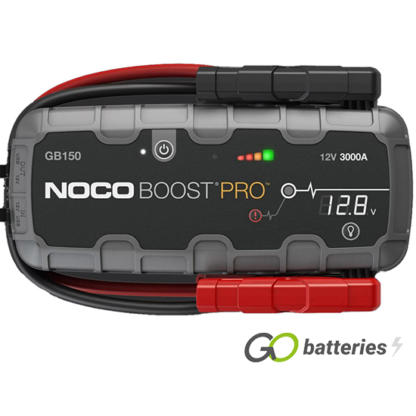 Noco GB150 12 volt 3000 amp Boost Pro battery jump starter. Digital voltage reading and LED charge status on the front. Ultra-bright 500 lumen LED light with 7 light modes including SOS and emergency strobe. Heavy duty cables. Grey and black case.