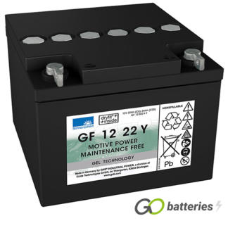Sonnenschein GF12022YF Gel Battery, 12 volt 24 amps. Dark Grey case with bolt through terminls with the positive terminal on the right hand side with the terminals closest to you.