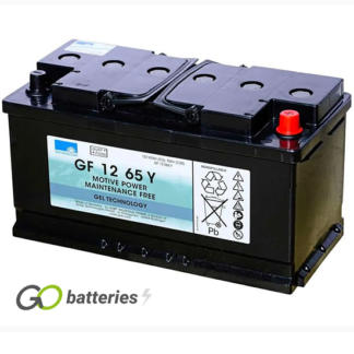 Sonnenschein GF12065Y Gel Battery, 12 volt 78 amps. Dark Grey case with automotive post terminls with the positive terminal on the right hand side with the terminals closest to you, with hold down.